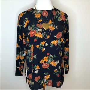 Vintage Hand-painted Floral Long Sleeve Blouse Crew Neck Tunic